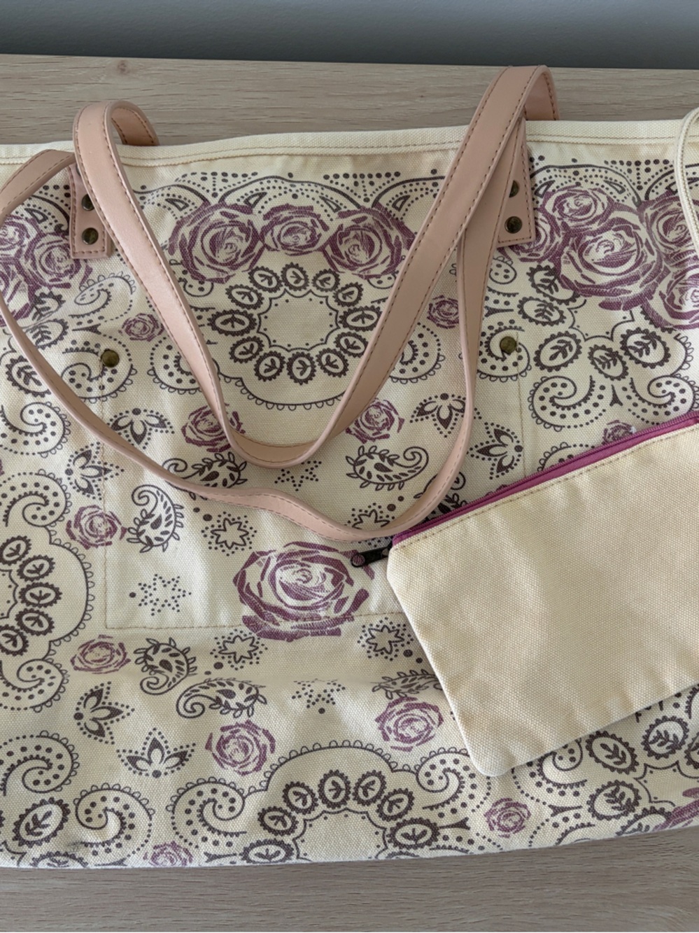 Free People Cream Canvas Tote with Pink Floral Print